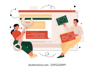 Configurar el chat. Hombre con sobre y mujer con llave cerca del sitio web. Desarrollo de programas y aplicaciones. Interfaz de redes sociales y mensajeros. Dibujo vectorial plano de dibujos animados