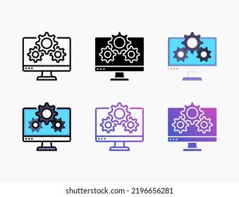 Setting configuration software application computer icon set with line, outline, flat, filled, glyph, color, gradient. Editable stroke and pixel perfect. Collection of Computer Software icons set.