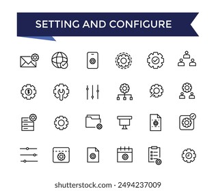 Ajuste y configuración de iconos de línea con colección de trazo editable para Web e interfaz de usuario. Paquete de iconos de línea. Ilustración vectorial.