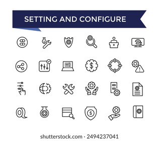 Setting And Configure Line Icons set with editable stroke collection for web and ui. Line icons pack. Vector illustration.