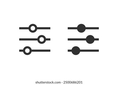 Iniciar sesión de controles deslizantes de ajuste, tanto de variaciones rellenas como delineadas aisladas. Iconos del vector en estilo plano