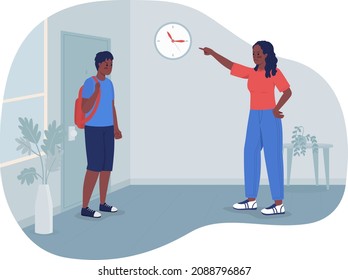 Setting curfew for teenager 2D vector isolated illustration. Angry mother scolding boy for being late flat characters on cartoon background. Managing teenage son responsibility colourful scene