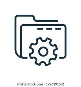 Setting of Data Folder Line Icon. Computer Folder with Gear Linear Icon. Options and Configuration of File or Document. Editable stroke. Vector Illustration.