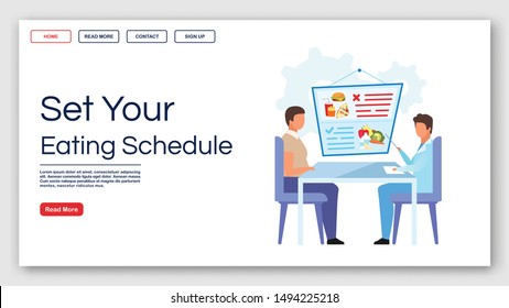 Setting eating schedule landing page vector template. Healthy nutrition website interface idea with flat illustrations. Dietitian homepage layout. Fighting obesity web banner, webpage cartoon concept