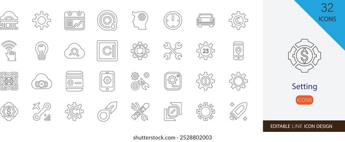 Configuración de un conjunto de iconos de línea editable que contiene Locación, escena, fondo, entorno, atmósfera y más iconos de trazo delgado