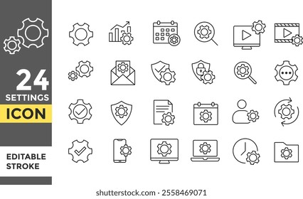 Setting Editable line stroke icon set. Pixel perfect. Cogwheel symbol. Gear wheel icon for use in any purpose. Gear setting icon collection. Progress or construction concept
