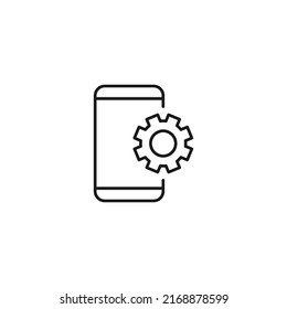 Setting or engineering concept. Vector sign drawn with thin line. Editable stroke. Perfect for web sites, stores, shops. Vector line icon of gear next to smartphone 