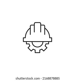 Setting or engineering concept. Vector sign drawn with thin line. Editable stroke. Perfect for web sites, stores, shops. Vector line icon of gear under building helmet 