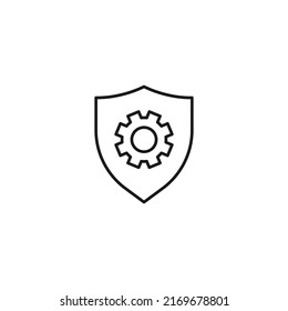 Setting or engineering concept. Vector sign drawn with thin line. Editable stroke. Perfect for web sites, stores, shops. Vector line icon of gear under shield 