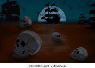 a setting filled with horror, skulls on the coast, with the silhouette of a pirate ship in the background