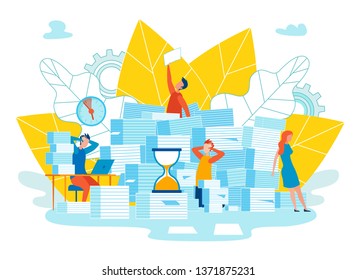 Setting Function For Reminders Cartoon Vector. Office Staff among Pile Documents. Clock is Moving Towards end Project Deadline. Understanding how much Time you need to Devote Business.