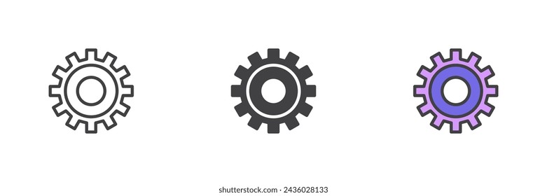Setting gear different style icon set. Line, glyph and filled outline colorful version, outline and filled vector sign. Cogwheel symbol, logo illustration. Vector graphics