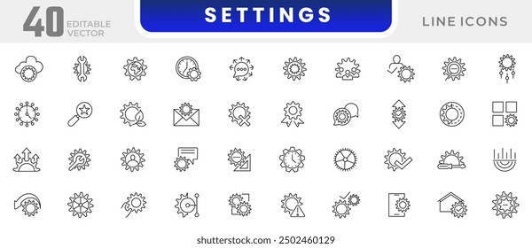Setting and gear icon collection. Cogwheel, settings button, wrench tool, fix, Innovation and setup line icon set. UI outline icons pack 