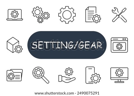 Setting gear set icon. Laptop, gears, document, wrench, cube, folder, hand, smartphone, browser, configuration, system, software, tools, settings, interface, development, gear, mechanism, adjustment.