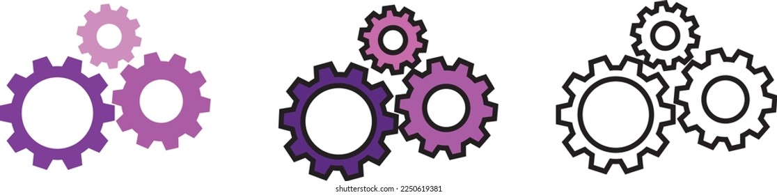 Icono de ajuste de marchas. Versión colorida de línea, glifo y contorno relleno, contorno del engranaje de reloj y signo vectorial relleno. Símbolo, ilustración del logotipo. Conjunto de iconos de estilo diferente. Gráficos vectoriales perfectos para píxeles