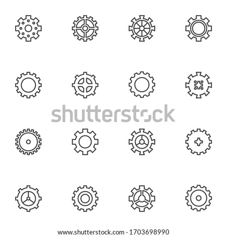 Setting gears line icons set. linear style symbols collection, outline signs pack. Cogwheels vector graphics. Set includes icons as cog, clock mechanism, configuration