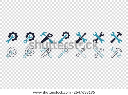 Setting glyph solid icons collection. Containing setup, configuration, update, maintenance. Minimal icon and symbol series vector illustration