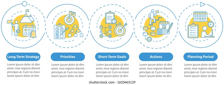 Setting goal vector infographic template. Building business presentation design elements. Data visualization with 5 steps. Process timeline chart. Workflow layout with linear icons