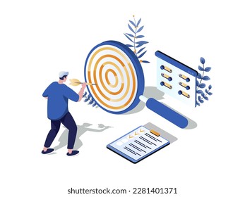 Setting goals concept 3d isometric web scene. People create strategy and planning tasks, making to do list, targeting and achieving different goals. Vector illustration in isometry graphic design