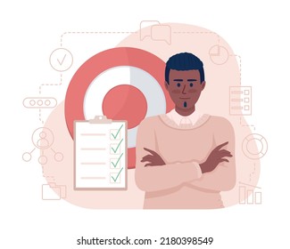 Setting goals and planning 2D vector isolated illustration. Business strategist flat character on cartoon background. Self assured man colourful editable scene for mobile, website, presentation