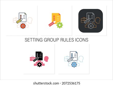 Setting Group Rules Icons Set.Communication Reglament.Dispute Resolution Rules.Non Toxic Workplace.Conflict Management.Collection Of Icons In Linear, Filled, Color Styles.Isolated Vector Illustrations