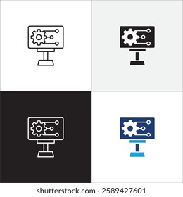 Setting icon. Artificial intelligent icons. Computing symbol. Symbol of program, electronic device, software, strategy. Vector stock illustration in thin line and solid design.