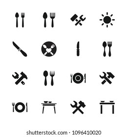 Setting icon. collection of 16 setting filled icons such as spoon and fork, wrench hummer, knife. editable setting icons for web and mobile.