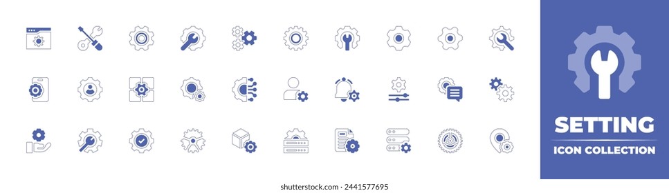 Estableciendo colección de iconos. Trazo de línea de estilo duotono y negrita. Ilustración vectorial. Contiene configuraciones, configuración, rueda dentada, perfil de usuario, usuario, administración, configuración de aplicación, notificación, conexión, engranaje.