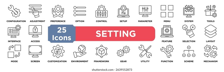 setting icon collection set. Containing configuration,adjustment,preference,option,control,setup,parameter,menu,system,tools icon. Simple line vector.	
