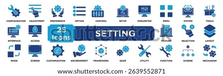 setting icon collection set. Containing configuration,adjustment,preference,option,control,setup,parameter,menu,system,tools icon. dual tone vector.