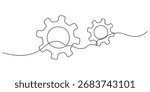 Setting icon continuous one line drawing vector illustration. Gears wheel symbol technology, continuous one line drawing, moving cog gears for business teamwork concept.