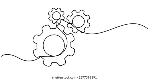 Setting icon continuous one line drawing vector illustration, Continuous one line drawing of Setting icon isolated on white background outline vector illustration, machine wheel gears pro vector.