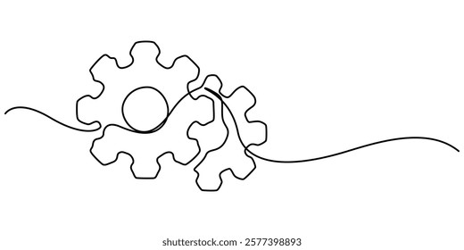 Setting icon continuous one line drawing vector illustration, Continuous one line drawing of Setting icon isolated on white background outline vector illustration, machine wheel gears pro vector.