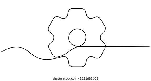 Setting icon continuous one line drawing vector illustration. Single continuous line of screwdriver and wrench. Continuous one line drawing of machine gear. Editable stroke. 