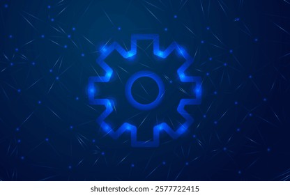 Setting icon design with glowing neon blue light color combinations. Futuristic Digital Gear icon, Polygonal Cogwheel Floating over a Glowing Cybernetic Platform on a blue Background	