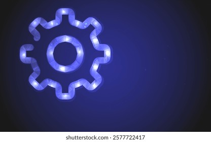 Setting icon design with glowing neon blue light color combinations. Futuristic Digital Gear icon, Polygonal Cogwheel Floating over a Glowing Cybernetic Platform on a blue Background	
