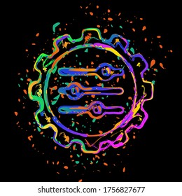 setting icon in gear. Colored ink with splashes on black background