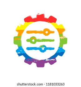 setting icon in gear. Drawing sign with LGBT style, seven colors of rainbow (red, orange, yellow, green, blue, indigo, violet