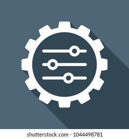 setting icon in gear. White flat icon with long shadow on background