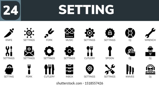 setting icon set. 24 filled setting icons.  Collection Of - Knife, Settings, Fork, Music, DJ, Wrench, Cutlery, Spoon, Setting, Inbox, Knives icons