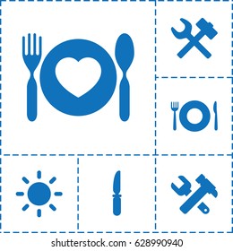 Setting icon. set of 6 setting filled icons such as plate fork and spoon, hummer and wrench, knife, plate with spoon and fork, contrast
