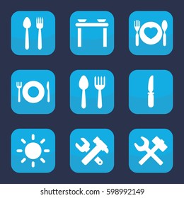 setting icon. Set of 9 filled setting icons such as spoon and fork, plate fork and spoon, knife, contrast