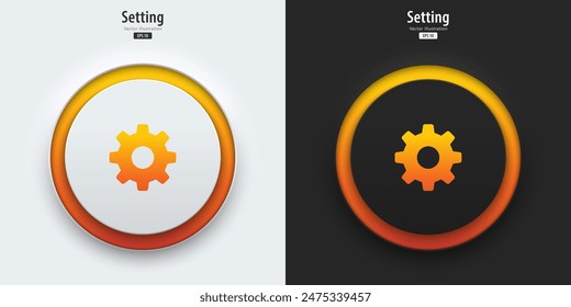 Setting icon. A set of black and white buttons have orange neon lights with setting symbols. 3D icon in trendy neumorphic style for apps, websites, interfaces. UI UX elements. Vector illustration.