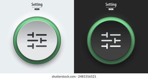 Setting icon. A set of black and white buttons have green neon lights with setting symbols. 3D icon in trendy neumorphic style for apps, websites, interfaces. UI UX elements. Vector illustration.