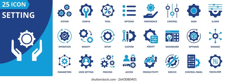 definindo coleção de conjuntos de ícones no estilo de tons duplos. um pacote de ícones contém sistema, config, ferramenta, opções, preferência, controle, engrenagem, controle deslizante, operação, modificar