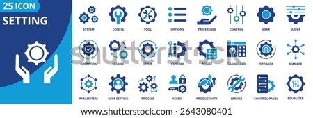 setting icon set collection in dual tone style. an icon pack contain system , config, tool, options, preference, control, gear, slider, operation, modify