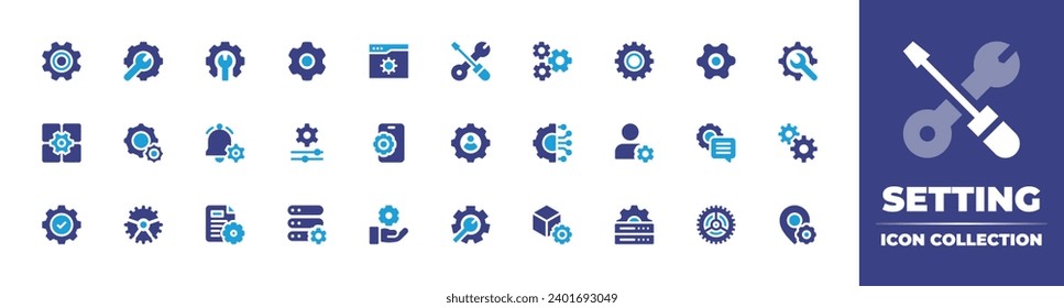 Configurando conjunto de iconos. Color de duotona. Ilustración vectorial. Conteniendo configuración, configuración, rueda cognitiva, perfil de usuario, usuario, administración, configuración de aplicación, notificación, conexión, equipo, servidor.