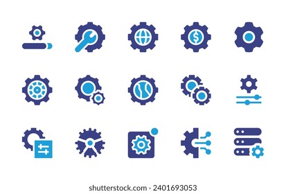Configurando conjunto de iconos. Color de duotona. Ilustración vectorial. Conteniendo ajustes, ajuste, rueda cognitiva, actualización, engranaje, servidor, global, notificación de configuración.