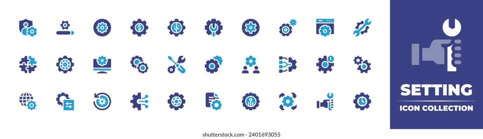 Setting icon set. Duotone color. Vector illustration. Containing privacy, settings, web maintenance, update, gear, admin, workshop, tools and utensils, support, gears, system, technology, repair.