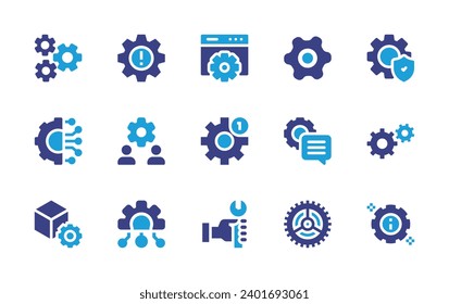 Configurando conjunto de iconos. Color de duotona. Ilustración vectorial. Conteniendo rueda cognoscitiva, configuración, conexión, ajuste, mantenimiento web, soporte, reparación.